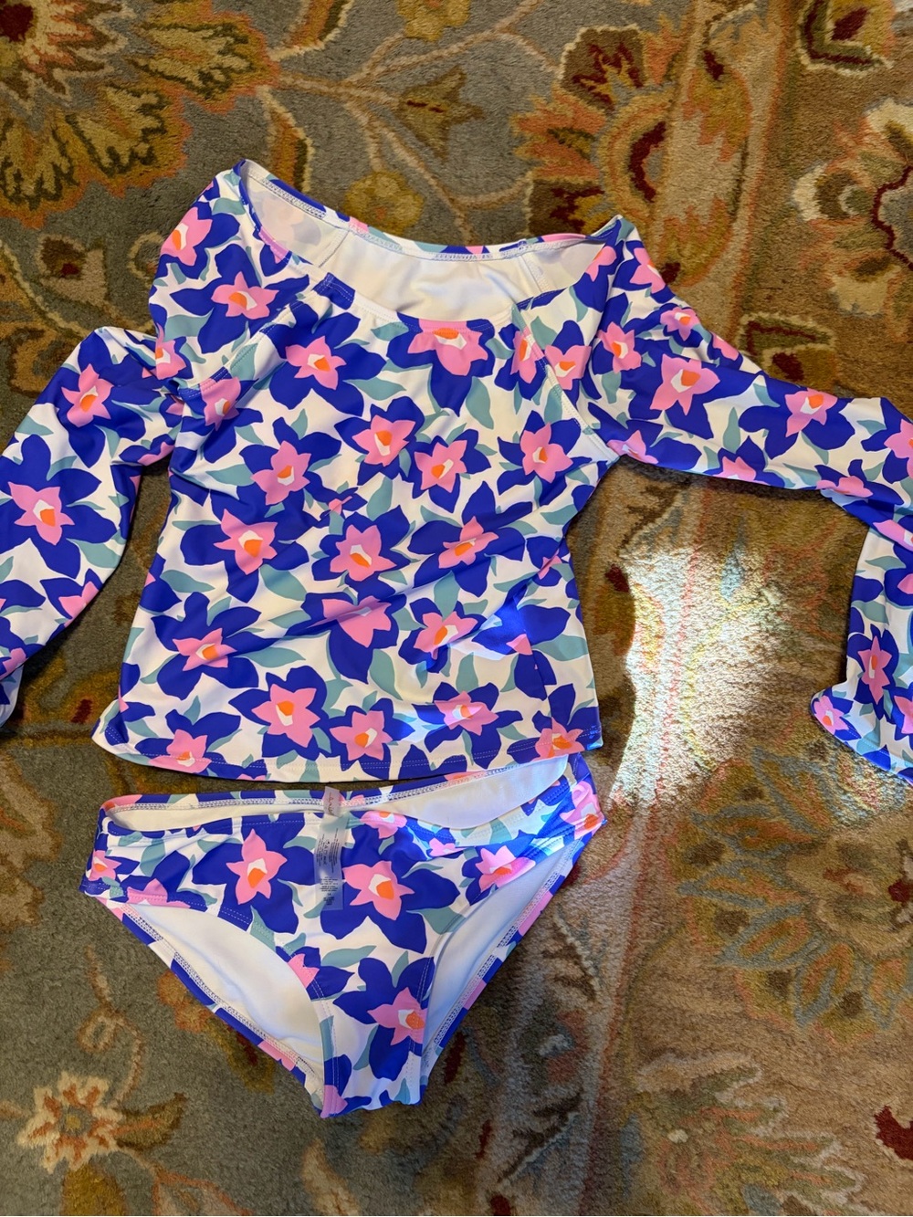 Raisins Kids Floral Long-Sleeve Swim Set in Blue and Pink